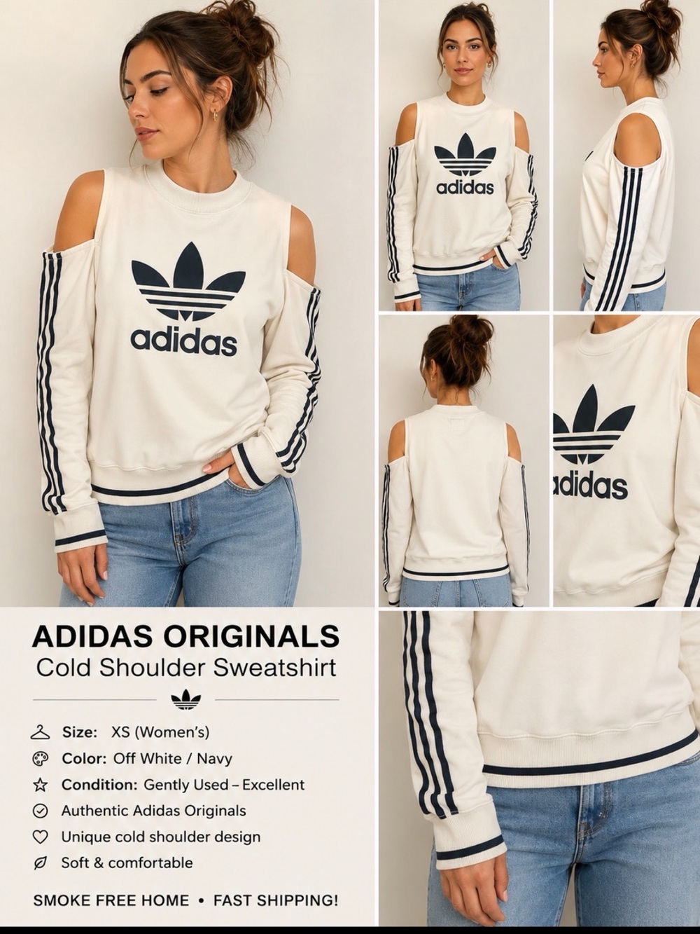 adidas Originals Off White Cold Shoulder Sweatshirt with Navy Logo
